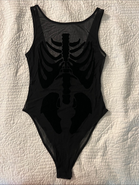 Divided Tops - Divided Black Mesh Bodysuit with Skeleton Velvet Appliqué